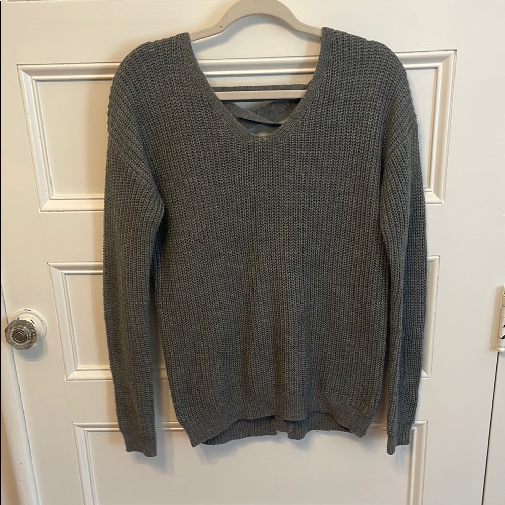 Gray Knit V-Neck Sweater